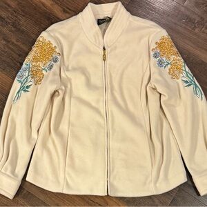 Bob Mackie Women’s LG Embroidered Sleeve Cream Ivory Fleece Jacket Wearable Art